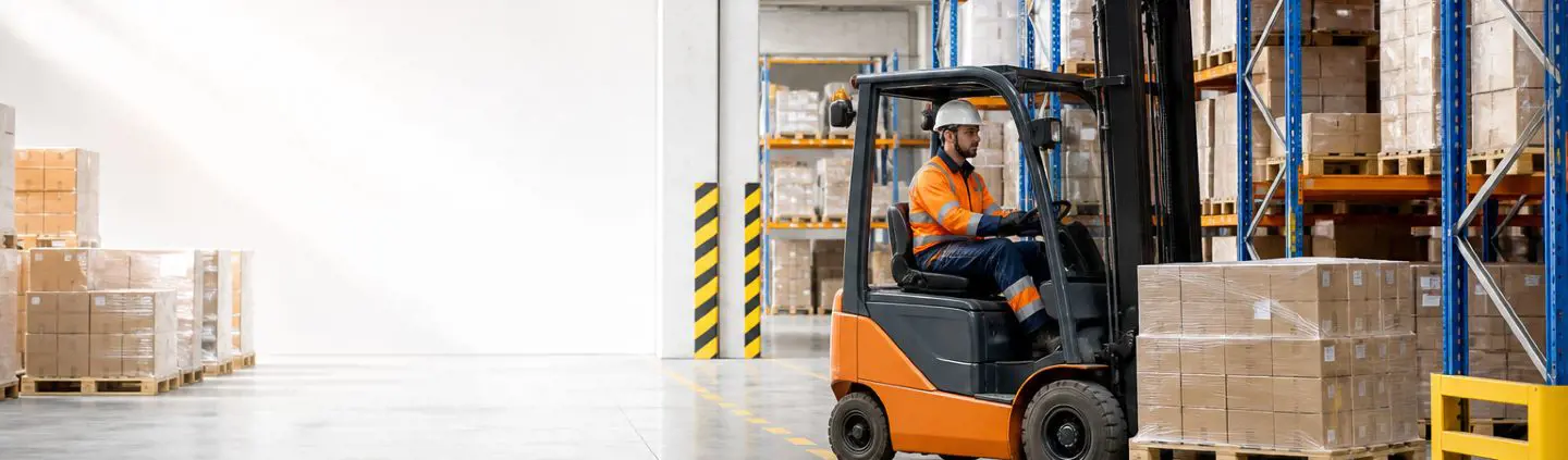 Staplerfahrer beim Warentransport in einer Lagerhalle